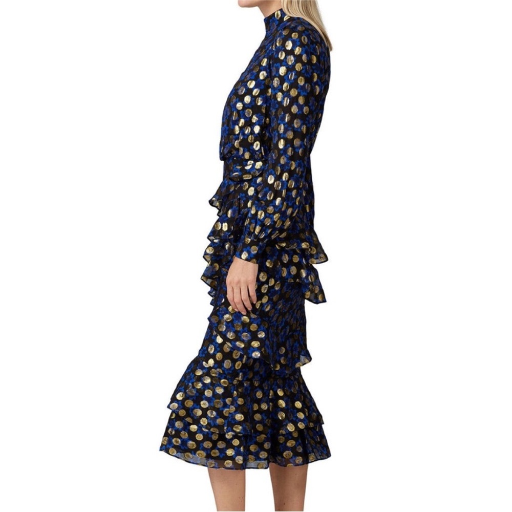 SALONI Navy Metallic Spotted Tiered Midi Dress
